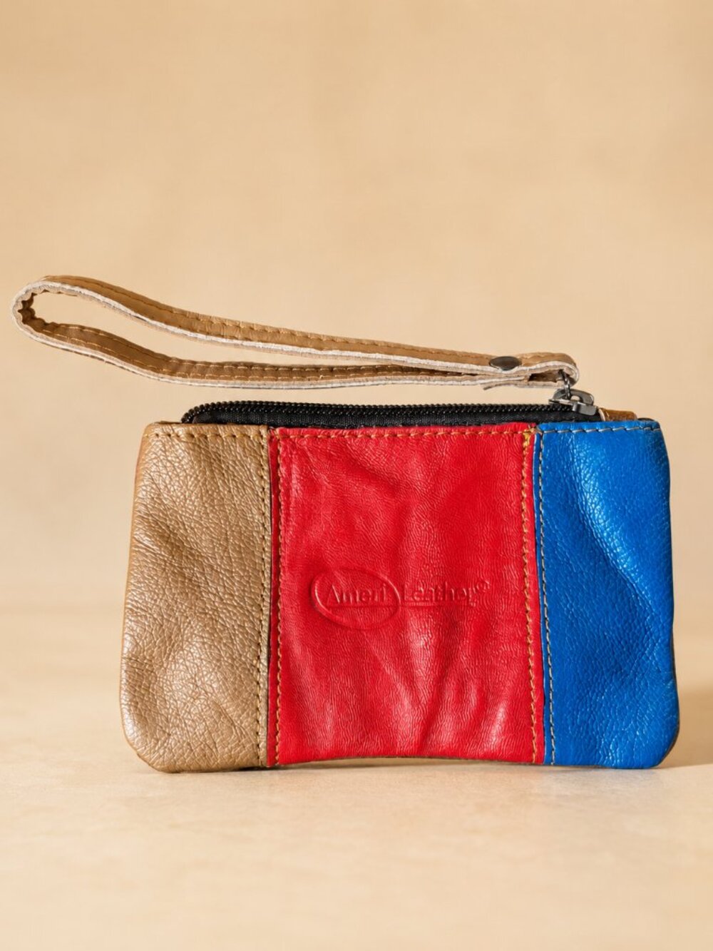 AmeriLeather Colorblock Leather Wristlet Clutch — Retro Tan Red Blue Zip Pouch